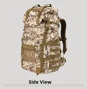 Detail of digital desert camo backpack featuring MOLLE webbing and side mesh pocket