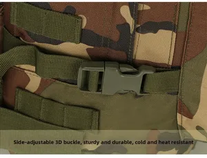 Detail of adjustable side buckle on tactical 3D camo backpack for outdoor camping gear