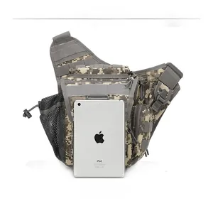 Tactical camouflage crossbody bag size comparison shown with an iPad mini tablet