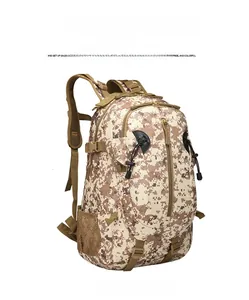 Tactical camouflage backpack detail showing durable Oxford fabric and side mesh pocket