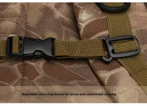 Close-up of adjustable chest strap buckle and camo fabric on outdoor tactical backpack
