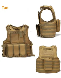 Three-way view of tan tactical vest with MOLLE system and multiple functional pouches