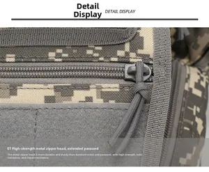 Tactical digital camo bag detail showing heavy-duty metal zipper with extended paracord puller