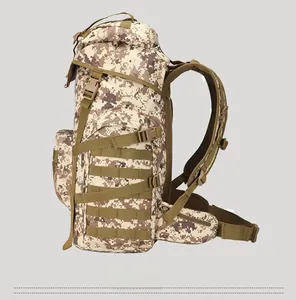Side view of 50L tactical backpack showing MOLLE system and desert camo nylon fabric