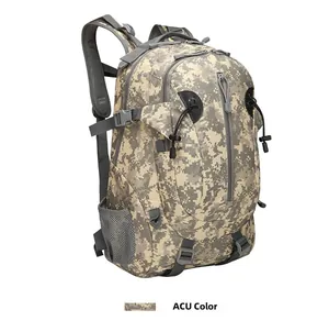Detail of ACU digital camouflage tactical backpack with side mesh pockets and straps