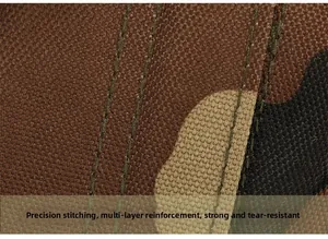 Macro detail of camouflage tactical backpack with reinforced green multi-row stitching