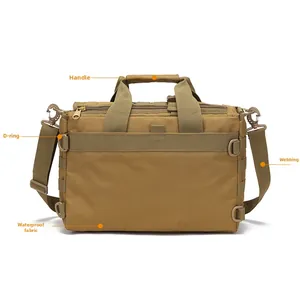 Detailed view of the reinforced handle and D-rings on the tactical laptop bag