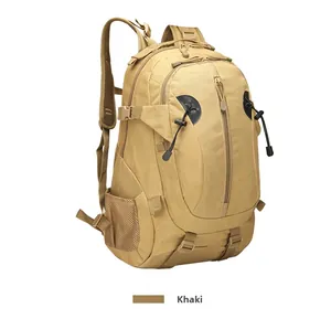 Detail view of khaki tactical backpack featuring adjustable chest straps and mesh side pocket