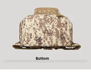 Base detail of 50L tactical backpack showing digital desert camo and durable nylon fabric