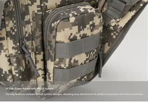 Detailed side view of digital camouflage tactical bag showing MOLLE webbing and zipper pockets