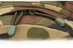 Detail of camouflaged tactical backpack with heavy-duty dual zippers and waterproof cover