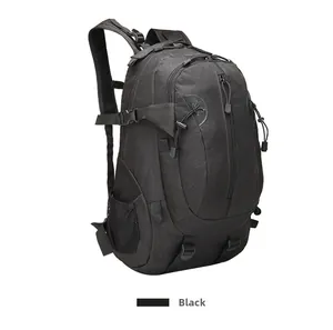 Detail of water-resistant black tactical 3P backpack with MOLLE system and side mesh pockets