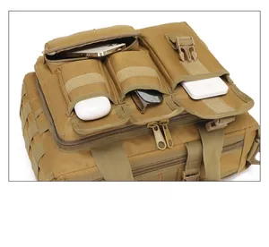 Oxford fabric tactical bag front pockets showing capacity for phone and power bank