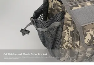 Detail of digital camouflage tactical bag featuring side mesh pocket with drawstring toggle