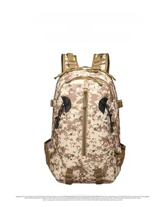 Front view of tactical backpack featuring desert digital camouflage and functional buckles