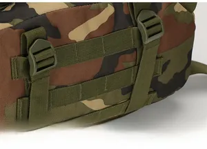 Detail view of reinforced tactical backpack base with heavy-duty MOLLE webbing system