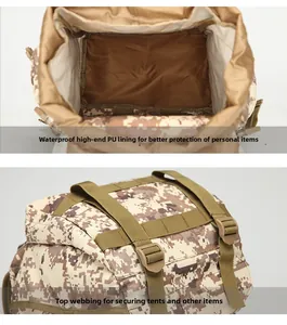 Detail of 50L tactical backpack featuring waterproof PU lining and top buckle straps