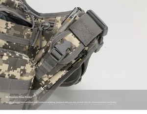 Tactical sling bag shoulder strap detail with digital camo fabric and pen holders