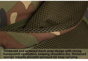 Detail of thickened breathable honeycomb mesh shoulder straps on camouflage tactical backpack