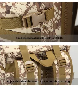 Close-up of tactical backpack buckles and breathable honeycomb mesh shoulder straps