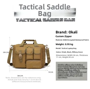 Waterproof 800D tactical shoulder bag showing 38x11x28cm size and heavy-duty zipper details