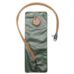 Detail view of 3L military green tactical water bladder with clear volume scale markings