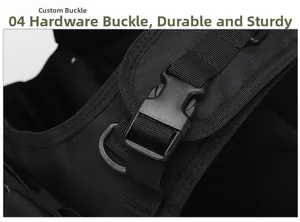 Detail of high-strength nylon webbing with heavy-duty buckle and metal D-ring for tactical vest