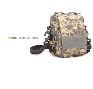 Close-up of ACU digital camouflage tactical shoulder bag with velcro patch panel