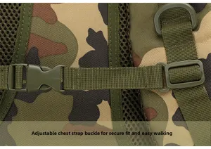 Detail of tactical backpack showing chest strap buckle, D-ring and breathable mesh padding