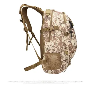 Detail view of desert digital camouflage tactical backpack with mesh straps and side pockets