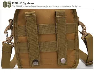 Dettaglio della borsa tattica kaki con sistema MOLLE e bottoni a pressione metallici