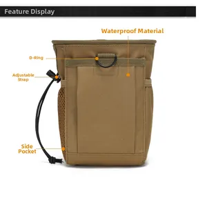 Tactical accessory pouch detail with waterproof fabric, D-ring and side mesh pocket