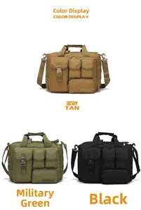 Three tactical laptop bags shown in Tan, Olive Drab, and Black colors with shoulder straps