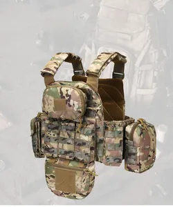 Close-up of camouflage tactical vest with MOLLE system and breathable mesh lining
