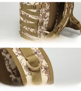 Macro detail of desert camo tactical backpack showing MOLLE webbing and D-ring attachments