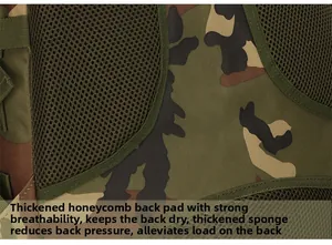 Detail of breathable honeycomb mesh and thickened sponge padding on camouflage backpack