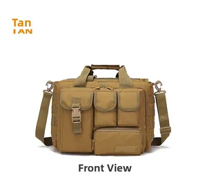 Tactical nylon laptop bag in tan color with multi-pocket design and MOLLE webbing system