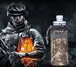 Tactical digital camouflage water bottle pouch with drawstring closure and D-ring hook