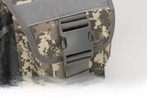 Close-up of durable plastic buckle and digital camo fabric on tactical shoulder bag