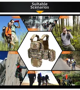 Detail view of camouflage tactical vest with modular pouches for outdoor and hiking