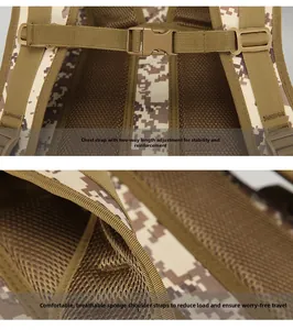 Detail of desert camo tactical backpack showing padded breathable straps and chest buckles