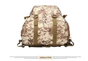 Tactical backpack bottom view showing adjustable khaki straps and mesh side pocket detail
