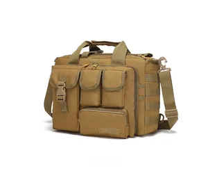 Tactical khaki laptop bag side view showing Molle system and water-resistant nylon fabric