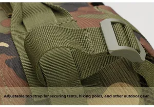 Detail of tactical backpack buckle and webbing for camping gear attachment