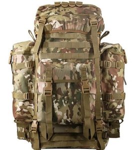 Detail of 80L tactical backpack with MOLLE system and camouflage durable nylon fabric