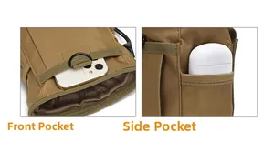 Detail view of khaki Molle tactical bag showing front phone pocket and elastic side pocket