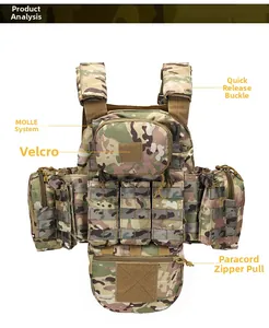Front detail of multicam tactical vest featuring MOLLE system and quick release buckles