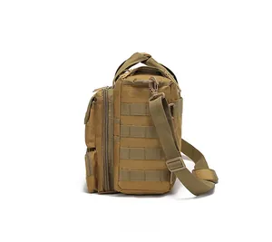 Side view of khaki tactical shoulder bag featuring MOLLE webbing system and durable nylon