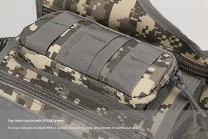Macro view of digital desert camo tactical bag showing MOLLE webbing and top zipper pocket