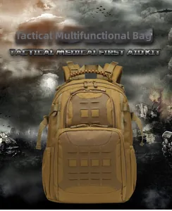 Close-up of tactical medical kit in khaki nylon with MOLLE system and multiple pockets